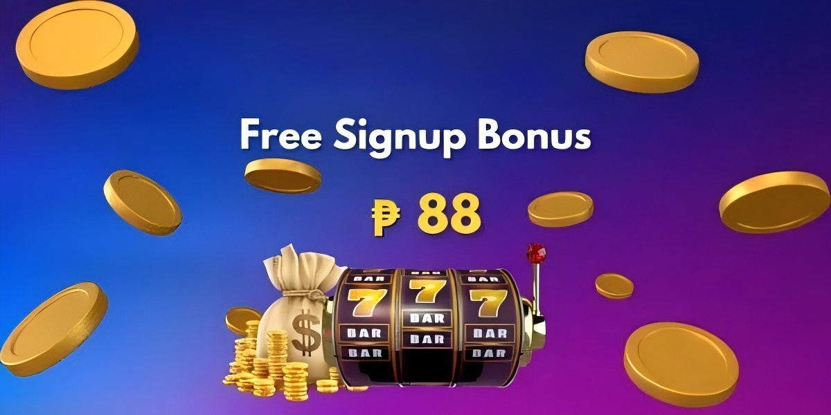 Promotional banner: triple seven slot machine beside a money bag and coin stacks advertising a free signup bonus